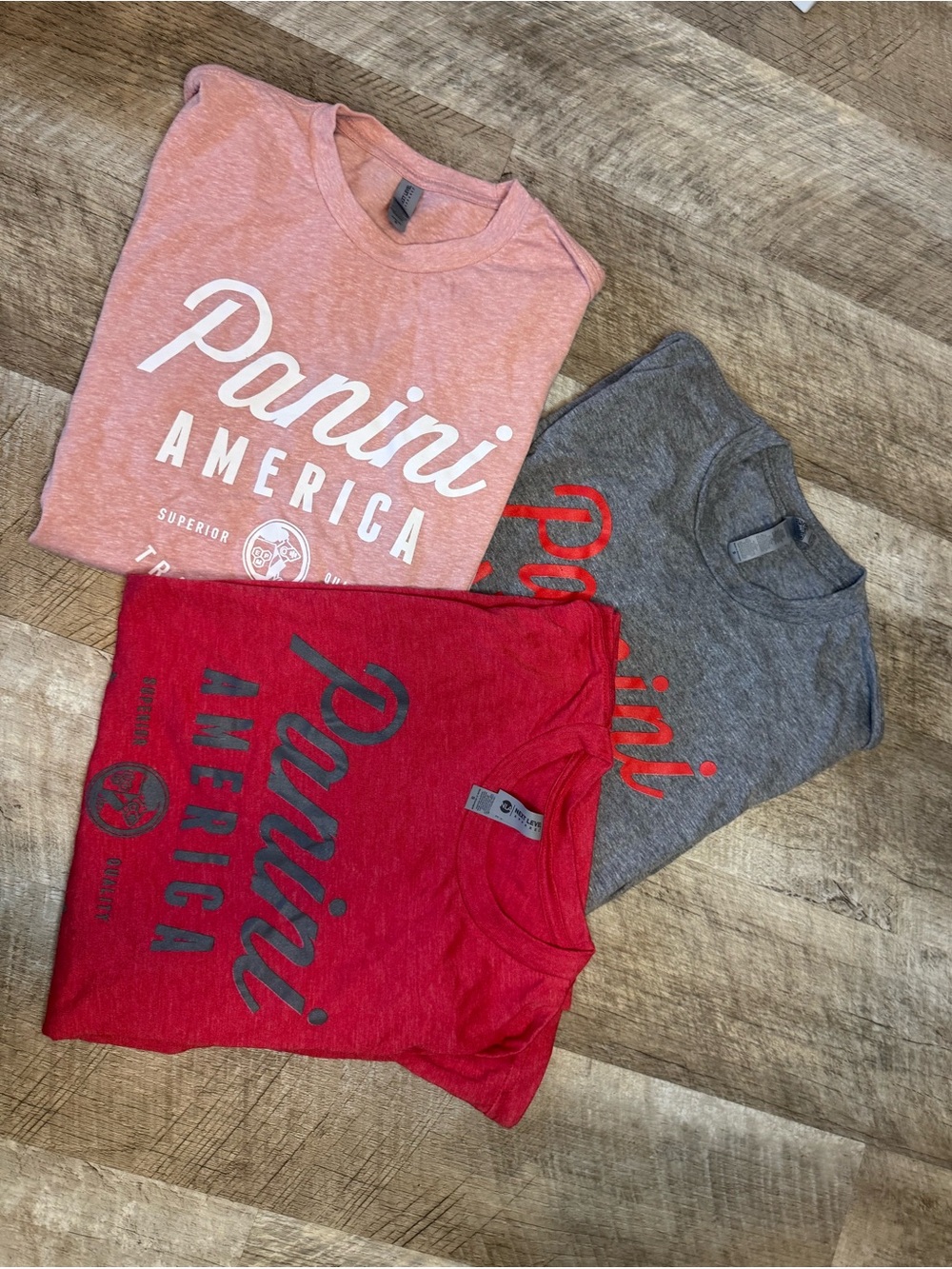Panini America Logo Tees- Pink, Gray, Red. Lot of 3 shirts
